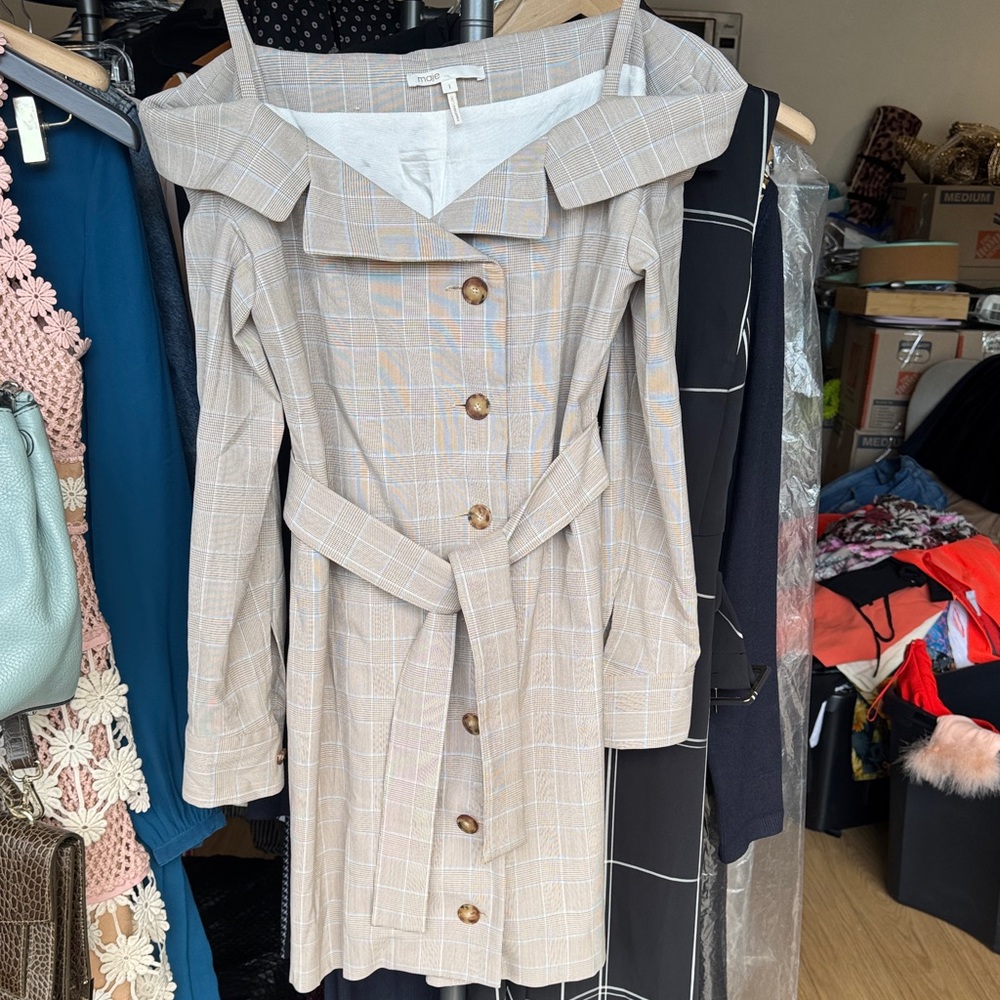 Maje Beige Plaid Long Sleeve Dress